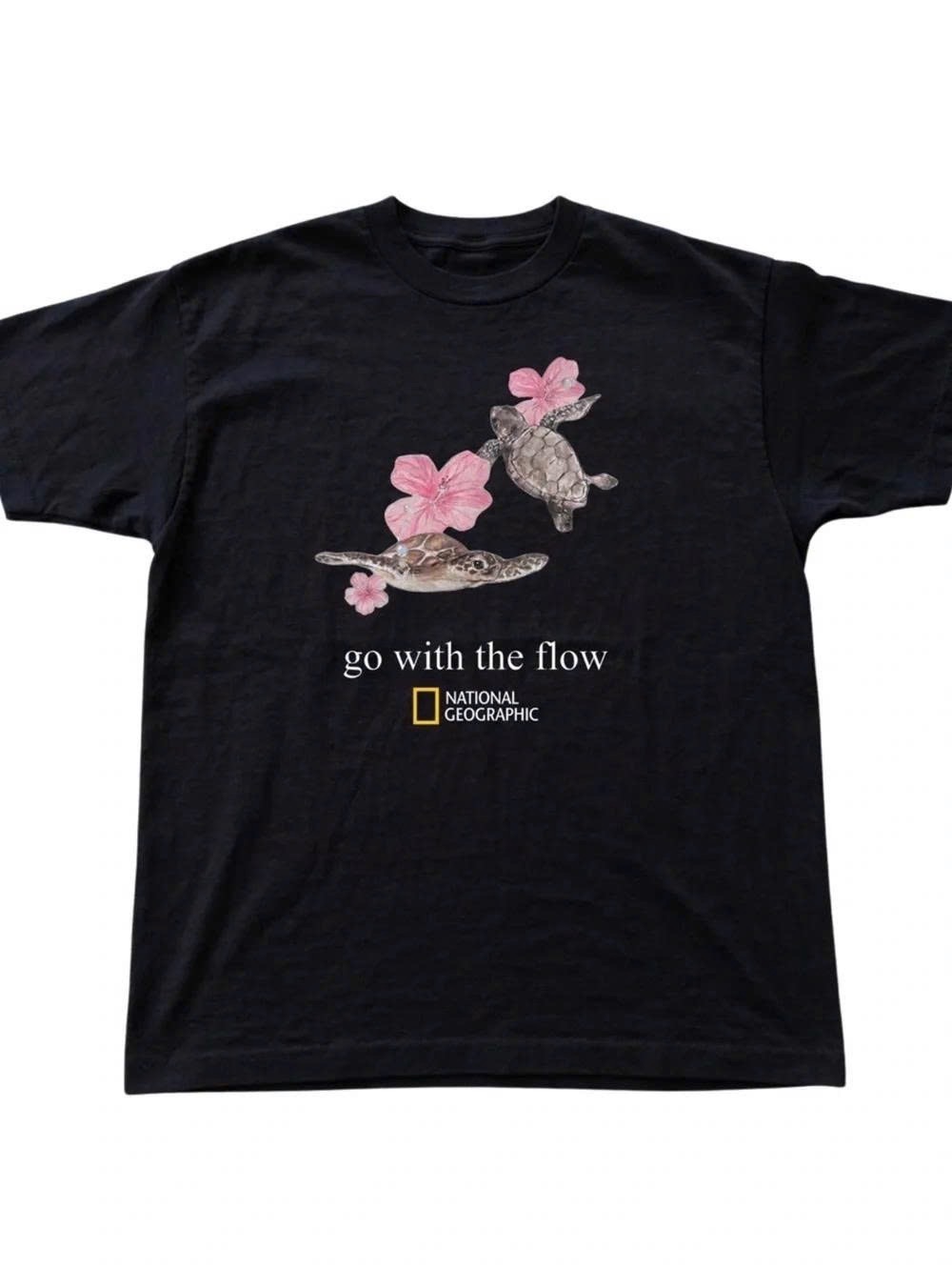 National Geographic Black Short Sleeve Tee with Pink Floral Turtle Graphic